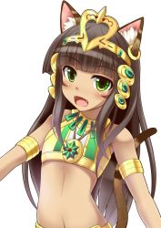 Rule 34 | 1girl, animal ears, armlet, bastet (p&amp;d), black hair, blush, cat ears, cat tail, dark-skinned female, dark skin, diadem, earrings, egyptian, fangs, flat chest, green eyes, jewelry, kuurunaitsu, long hair, looking at viewer, lots of jewelry, midriff, navel, open mouth, puzzle &amp; dragons, simple background, single earring, solo, tail, white background