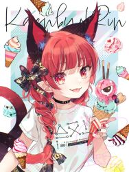 1girl :p alternate_costume animal_ear_fluff animal_ears black_bow black_choker black_ribbon blunt_bangs bow braid cat_ears cat_tail character_name choker clothes_writing commentary_request extra_ears floral_print food fruit hair_bow hair_ribbon holding holding_food holding_ice_cream ice_cream kaenbyou_rin long_hair looking_at_viewer multiple_tails nail_polish pocky red_eyes ribbon shirt short_sleeves solo strawberry t-shirt tail tongue tongue_out touhou toutenkou twin_braids twitter_username two_tails upper_body watermark white_shirt