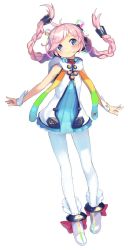 Rule 34 | 1girl, animal hood, anklet, bear hood, blue eyes, blush, boots, bow, braid, cuffs, dress, frilled skirt, frills, hair ornament, hood, hooded vest, hoodie, jewelry, long hair, multicolored eyes, official art, pink hair, rainbow, rana (vocaloid), ribbon, scarf, shindo kamichi, skirt, smile, solo, standing, thighhighs, transparent, transparent background, twin braids, twintails, vest, vocaloid, white thighhighs