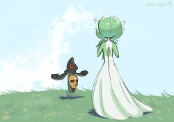 adam_angel artist_name blue_sky bob_cut cloud colored_skin creatures_(company) dress game_freak gardevoir gen_3_pokemon gen_5_pokemon ghost grass green_hair green_skin highres multicolored_skin nintendo on_grass outdoors pokemon pokemon_(creature) red_eyes sky two-tone_skin white_dress white_skin yamask