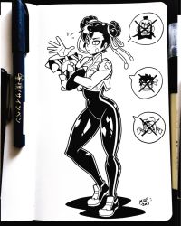 Rule 34 | 1girl, alternate costume, artist name, bracelet, capcom, chun-li, contrapposto, dated, double bun, female focus, greyscale, highres, jewelry, mike luckas, monochrome, signature, solo, spiked bracelet, spikes, standing, street fighter, traditional media