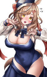 Rule 34 | 1girl, absurdres, alternate costume, animal ears, blue hat, blush, breasts, brown hair, cabbie hat, cleavage, commentary request, ears through headwear, hair ornament, hairclip, hat, highres, horse ears, horse girl, horse tail, large breasts, looking at viewer, matikane tannhauser (umamusume), medium hair, navel, po musubi, ribbon, school swimsuit, solo, sweat, swimsuit, tail, umamusume, white background, yellow eyes