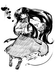 Rule 34 | 1girl, artist name, belt, blush, female focus, frilled skirt, frills, full body, greyscale, houraisan kaguya, long hair, long sleeves, monochrome, open mouth, shoes, sidelocks, simple background, skirt, solo, tokiame, touhou, very long hair, white background, wide sleeves