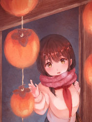 Rule 34 | 1girl, arm up, blush, breasts, brown eyes, brown hair, cardigan, food, from above, fruit, hair between eyes, hand up, large breasts, matching hair/eyes, nagidango, neckerchief, open mouth, original, persimmon, reaching, scarf, sliding doors, smile, solo