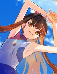 Rule 34 | 1girl, armpits, arms up, blue sky, brown eyes, brown hair, commentary request, dmr pic, fate/grand order, fate (series), hair ribbon, highres, kishinami hakuno (female), long hair, looking at viewer, multicolored clothes, multicolored swimsuit, official alternate costume, one-piece swimsuit, ponytail, red ribbon, ribbon, sky, smile, solo, swimsuit