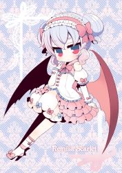 Rule 34 | 1girl, alternate costume, alternate hairstyle, ankle lace-up, bad id, bad pixiv id, bat wings, blush, bow, character name, closed mouth, commentary request, cross-laced footwear, detached sleeves, double bun, frilled hairband, frills, full body, hair between eyes, hair bow, hair bun, hairband, hand to own mouth, high heels, layered sleeves, long sleeves, mashiro miru, pink bow, pink footwear, pink hairband, pleated skirt, puffy short sleeves, puffy sleeves, purple hair, red eyes, red wings, remilia scarlet, shirt, short over long sleeves, short sleeves, side bun, skirt, socks, solo, touhou, white shirt, white skirt, white socks, wings