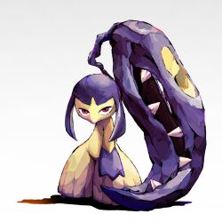 Rule 34 | artist request, creatures (company), english text, extra mouth, full body, game freak, gen 3 pokemon, highres, looking at viewer, mawile, nintendo, pokemon, pokemon (creature), red eyes, sharp teeth, simple background, teeth, white background
