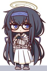 Rule 34 | 1girl, :&lt;, bad id, bad pixiv id, black-framed eyewear, black hair, black pantyhose, blue archive, blue eyes, blue hairband, blue ribbon, blush, book, chibi, closed mouth, commentary request, glasses, grey background, grey footwear, grey jacket, hair between eyes, hair ribbon, hairband, halo, hana kazari, highres, jacket, long hair, long sleeves, looking at viewer, low twintails, hugging object, off shoulder, pantyhose, pleated skirt, ribbon, round eyewear, sailor collar, shirt, shoes, skirt, solo, twintails, ui (blue archive), very long hair, white background, white sailor collar, white shirt, white skirt