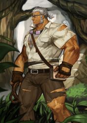 Rule 34 | 1boy, abs, absurdres, bara, blue eyes, brown gloves, brown pants, bulge, chest hair, facial hair, gloves, goatee, goggles, goggles around neck, grey hair, highres, large pectorals, live a hero, male focus, marfik (live a hero), muscular, old, old man, pants, pectorals, shirt, short hair, sideburns, solo, stubble, thick thighs, thighs, torn clothes, torn pants, torn shirt, traver009