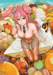 Rule 34 | 1girl, animal ears, arm support, banana, blueberry, breasts, cake, cleavage, cream, detached sleeves, fake animal ears, food, foreshortening, from above, fruit, grapes, highres, large breasts, leotard, long hair, macaron, multicolored hair, necktie, orange (fruit), original, pantyhose, pink hair, playboy bunny, rabbit ears, red eyes, sasagawa (haikaiki), solo, strawberry, thighhighs, wrist cuffs