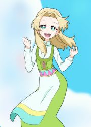 Rule 34 | 1girl, :d, agnete (precure), apron, blonde hair, blue sky, clenched hands, cloud, cloudy sky, commentary, day, dress, green dress, green eyes, hair intakes, half-closed eyes, high collar, kayabakoro, long dress, long hair, long sleeves, looking at viewer, open mouth, outdoors, precure, shirt, sky, smile, solo, standing, tropical-rouge! precure, white apron, white shirt