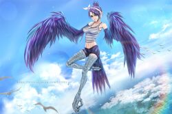 Rule 34 | 1girl, bare shoulders, bird, bird legs, bird tail, breasts, cleavage, feathers, flying, harpy, krabbytheartist, medium breasts, midriff, monster girl, navel, original, paid reward available, patreon username, purple eyes, purple feathers, purple hair, purple shorts, purple wings, short hair, shorts, sky, smile, solo, striped tank top, tail, talons, tank top, teeth, winged arms, wings