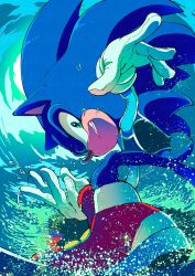 Rule 34 | 1boy, blue theme, commentary, english commentary, ezume (rosehip), fangs, gloves, green eyes, grin, highres, male focus, mario &amp; sonic at the olympic games, mario &amp; sonic at the tokyo 2020 olympic games, no pants, red footwear, smile, solo, sonic (series), sonic the hedgehog, splashing, surfing, water