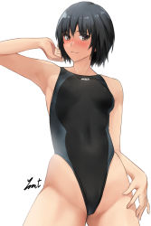 Rule 34 | 1girl, amagami, black hair, black one-piece swimsuit, breasts, brown eyes, competition swimsuit, covered navel, cowboy shot, highleg, highleg swimsuit, highres, nanasaki ai, one-piece swimsuit, short hair, simple background, small breasts, solo, swimsuit, two-tone swimsuit, white background, yoo tenchi