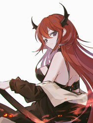 Rule 34 | 1girl, absurdres, arknights, armband, bare back, bare shoulders, breasts, commentary request, female focus, grey background, hair between eyes, head tilt, highres, horns, large breasts, long hair, long sleeves, looking at viewer, miss-owlline, off shoulder, purple eyes, red hair, simple background, solo, surtr (arknights), upper body, very long hair