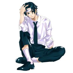 Rule 34 | 1boy, bandaged head, bandages, black eyes, black hair, black pants, chrollo lucilfer, earrings, expressionless, full body, hand on own head, highres, hunter x hunter, isn 000, jewelry, leg up, long sleeves, looking at viewer, male focus, necktie, pants, pants rolled up, shirt, short hair, simple background, sitting, sleeves rolled up, socks, solo, white background, white shirt, white socks