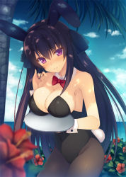 Rule 34 | 1girl, animal ears, ao no kanata no four rhythm, aotsu karin, bad id, bad pixiv id, bare shoulders, black hair, black pantyhose, blue sky, bow, bowtie, breast rest, breasts, carried breast rest, carrying, cleavage, closed mouth, cloud, day, detached collar, fake animal ears, flower, leotard, long hair, looking at viewer, medium breasts, ocean, pantyhose, playboy bunny, purple eyes, rabbit ears, red bow, red bowtie, sky, smile, solo, tobisawa misaki
