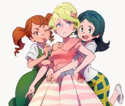 Rule 34 | 10s, 3girls, ;p, alternate costume, alternate hairstyle, arm hug, barbara parker, blue eyes, blue hair, blush, bow, breasts, brown eyes, candy, crossover, diana cavendish, dress, food, green hair, hair bow, hairband, hannah england, holding own arm, hug, hug from behind, licking, little witch academia, lollipop, looking at viewer, miyazaki shiori, multiple girls, one eye closed, pink bow, red hair, short sleeves, simple background, smile, tongue, tongue out, twintails, white background
