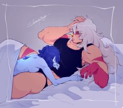 Rule 34 | 2girls, bed, blue hair, blue skin, breast press, breasts, colored skin, gram quartz, jasper (steven universe), lapis lazuli (steven universe), large breasts, lying, medium breasts, monster girl, multiple girls, muscular, muscular female, nude, on back, on stomach, red skin, scar, shoulder blades, simple background, size difference, sleeping, steven universe, underwear, waking up, white hair, yellow eyes, yuri