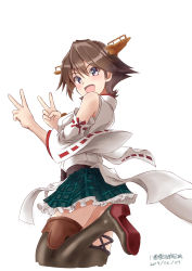 Rule 34 | absurdres, bare shoulders, boots, brown hair, detached sleeves, flipped hair, frilled skirt, frills, green skirt, hairband, headgear, hiei (kancolle), hiei kai ni (kancolle), highres, japanese clothes, kantai collection, looking at viewer, looking back, nontraditional miko, open mouth, plaid, ribbon-trimmed sleeves, ribbon trim, short hair, simple background, skirt, solo, standing, standing on one leg, thigh boots, thighhighs, v, white background, yaegashi (muzzuleflash)
