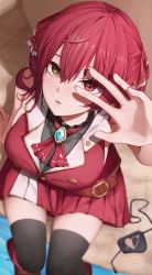 Rule 34 | 1girl, absurdres, belt, blurry, breasts, cleavage, covering own eyes, depth of field, eyepach, highres, hololive, houshou marine, red hair, see-through, see-through cleavage, sitting, skirt, solo, starblue, thighhighs, virtual youtuber