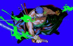 Rule 34 | azisaiharumaki56, bandana, blue background, colored smoke, commentary, copyright name, earrings, from above, colored smoke, haramaki, highres, holding, holding sword, holding weapon, jewelry, looking at viewer, one eye closed, one piece, roronoa zoro, scar, scar across eye, scar on chest, simple background, smoke, sword, weapon