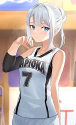 Rule 34 | 1girl, basketball uniform, blue eyes, blurry, blurry background, breasts, closed mouth, collarbone, commentary request, expressionless, highres, looking at viewer, medium breasts, original, short hair, silver hair, solo, sportswear, tapioka (oekakitapioka)