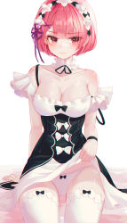 Rule 34 | 1girl, 3:, absurdres, alternate breast size, arm support, bare shoulders, bbeedol, black dress, breasts, cleavage, closed mouth, clothes lift, collarbone, detached collar, dress, dress lift, flower knot, frown, hair ornament, headdress, highres, large breasts, lifted by self, looking at viewer, off shoulder, panties, pink hair, ram (re:zero), re:zero kara hajimeru isekai seikatsu, red eyes, roswaal mansion maid uniform, short dress, short hair, sitting, solo, string panties, tears, thighhighs, underwear, white panties, white thighhighs, wristband, x hair ornament