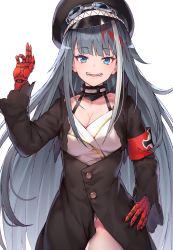 Rule 34 | 1girl, :d, absurdres, armband, azur lane, black cola, black hat, black jacket, blue eyes, breasts, cleavage, collarbone, commentary request, deutschland (azur lane), fangs, goggles, goggles on headwear, grey hair, groin, hand up, hat, highres, jacket, leotard, long hair, long sleeves, looking at viewer, medium breasts, multicolored hair, open mouth, peaked cap, red hair, simple background, sleeves past wrists, smile, solo, streaked hair, very long hair, white background, white hair, white leotard