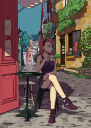 Rule 34 | 1girl, aged up, ankle boots, asymmetrical bangs, bare legs, bare shoulders, black footwear, boots, breasts, brown footwear, brown hair, building, cafe, coffee mug, collarbone, commentary, crossed legs, cup, day, door, dress, english text, flat color, flower, french text, grass, hairband, highres, holding, hotel, idolmaster, idolmaster (classic), jay zhang, lamppost, long hair, looking to the side, minase iori, mug, no panties, open door, open mouth, outdoors, overgrown, pavement, plant, potted plant, purple dress, pursed lips, road, rose, saucer, scenery, shade, short dress, sitting, sky, small breasts, solo, stool, street, swept bangs, table, vines, windowsill, yellow eyes