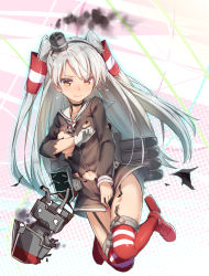 Rule 34 | 10s, 1girl, 3:, amatsukaze (kancolle), artist name, buttons, choker, collarbone, covering breasts, covering crotch, covering privates, dated, dress, full body, garter straps, gloves, hair tubes, hat, kantai collection, lifebuoy, long hair, looking at viewer, machinery, mini hat, navel, ninnzinn, o o, orange eyes, red thighhighs, rensouhou-kun, sailor collar, sailor dress, short dress, signature, silver hair, single glove, smoke, striped clothes, striped thighhighs, swim ring, tears, thighhighs, torn clothes, torn dress, turret, twintails, two side up, very long hair, white gloves