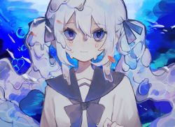 Rule 34 | 1girl, bad id, bad twitter id, blue bow, blue bowtie, blue eyes, blue hair, blue ribbon, blue sailor collar, bottle miku, bow, bowtie, commentary, fish, floating hair, goldfish, hair ribbon, hatsune miku, highres, liquid hair, long hair, looking at viewer, ribbon, sailor collar, shirt, short sleeves, slept sui, solo, twintails, underwater, upper body, very long hair, vocaloid, white shirt