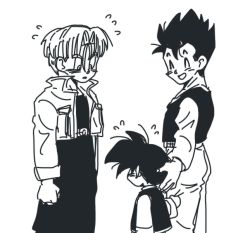 Rule 34 | 3boys, :d, ^ ^, arms at sides, black hair, blush, brothers, closed eyes, dragon ball, dragonball z, facing away, height difference, jacket, long sleeves, looking down, male focus, monochrome, multiple boys, nervous, open mouth, short hair, siblings, simple background, smile, son gohan, son goten, spiked hair, standing, sweatdrop, trunks (dragon ball), trunks (future) (dragon ball), upper body, white background