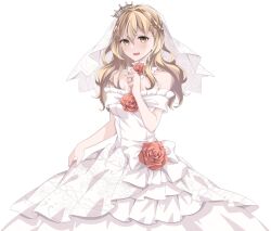 Rule 34 | 1girl, alternate costume, bare shoulders, blonde hair, braid, bridal veil, commentary request, cowboy shot, crown braid, dress, flower, highres, jewelry, kantai collection, kukimaru, long hair, off-shoulder dress, off shoulder, red flower, red rose, ring, rose, simple background, solo, tiara, veil, wedding dress, wedding ring, white background, white dress, zara (kancolle)