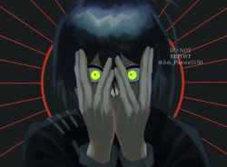 Rule 34 | 1boy, black background, black hair, black jacket, commentary request, danganronpa (series), danganronpa v3: killing harmony, glowing, hair between eyes, hands on own cheeks, hands on own face, jacket, joh pierrot, long sleeves, looking at viewer, male focus, portrait, red background, saihara shuichi, simple background, solo, twitter username, upper body, yellow eyes