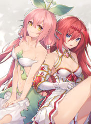 Rule 34 | 2girls, bare shoulders, blue eyes, breasts, cleavage, closed mouth, coyucom, gauntlets, godsworn alexiel, granblue fantasy, hair between eyes, hair ornament, long hair, looking at viewer, low twintails, medium breasts, monster girl, multiple girls, navel, open mouth, pink hair, plant girl, red hair, skirt, smile, twintails, yellow eyes, yggdrasil (granblue fantasy)
