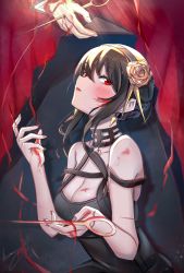 Rule 34 | 1girl, absurdres, artist request, black dress, black hair, blood, blood on breasts, blood on hands, blush, dress, highres, long hair, red eyes, solo, spy x family, yor briar
