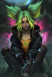 Rule 34 | absurdres, blurry, blurry background, electricity, facial mark, fingerless gloves, gloves, green hair, highres, indian style, jacket, league of legends, luifer black, sitting, zeri (league of legends)