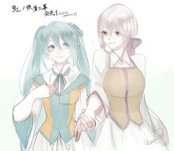 Rule 34 | 2girls, aqua eyes, aqua hair, artist name, blush, bow, commentary request, dress, evillious nendaiki, grey eyes, hair bow, hair ribbon, hand on own chest, happy, hatsune miku, highres, holding hands, long hair, long sleeves, looking at another, looking to the side, mizutame tori, multiple girls, neck ribbon, nervous smile, ponytail, ribbon, shiro no musume (vocaloid), signature, size difference, smile, sweatdrop, twintails, very long hair, vocaloid, white hair, yowane haku, yuri