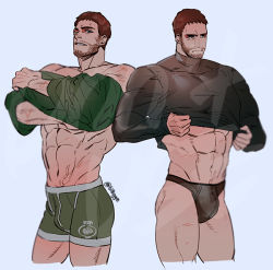 Rule 34 | 1boy, abs, artist name, bad id, bad twitter id, bara, beard, bi0gge, black briefs, black male underwear, boxer briefs, briefs, bulge, cowboy shot, crossed arms, facial hair, green boxer briefs, green male underwear, male focus, male underwear, mature male, muscular, muscular male, navel, no pants, original, pectorals, red hair, resident evil, resident evil 5, scar, scar on arm, scar on stomach, shirt, solo, thick thighs, thighs, tight clothes, underwear, veins