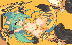 Rule 34 | 1girl, :3, animal ears, animal hands, animal print, bad id, bad pixiv id, blade (galaxist), cat ears, cat tail, cham cham, elbow gloves, fang, flat chest, gloves, green eyes, green hair, matching hair/eyes, midriff, navel, outstretched arms, panties, samurai spirits, smile, snk, solo, spread arms, tail, tiger print, underwear, weapon