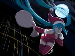 Rule 34 | 1girl, 2018, ;), aqua eyes, aqua hair, christmas, commentary, detached sleeves, dress, english commentary, finger to mouth, flying, full moon, hat, hatsune miku, lilirulu, long hair, miniskirt, moon, one eye closed, red dress, red sleeves, red thighhighs, sack, santa costume, santa hat, shushing, skirt, smile, solo, thighhighs, twintails, very long hair, vocaloid