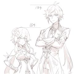 Rule 34 | 1boy, 1girl, blush, breasts, cleavage, closed mouth, coat, commentary request, detached sleeves, dress, flower, genshin impact, greyscale, hair between eyes, hair flower, hair ornament, hands on own hips, height difference, long hair, long sleeves, lumine (genshin impact), monochrome, ponytail, sbs, short hair with long locks, simple background, sketch, upper body, zhongli (genshin impact)
