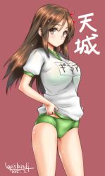 Rule 34 | 10s, 1girl, 2015, adjusting clothes, adjusting shirt, amagi (kancolle), artist name, breasts, brown eyes, brown hair, buruma, character name, dated, expressionless, flower, gym uniform, hair flower, hair ornament, kantai collection, large breasts, long hair, looking at viewer, mole, mole under eye, shirt, short sleeves, signature, simple background, sportswear, standing, umyonge (lkakeu), white shirt