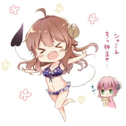 Rule 34 | &gt; &lt;, 2girls, ahoge, bare arms, bikini, blue bikini, blush, breasts, brown hair, chibi, chiyoda momo, cleavage, cold, commentary, curled horns, demon girl, demon horns, demon tail, fang, floating hair, frilled bikini, frills, green eyes, hair between eyes, hair ornament, horns, jitome, lilith (machikado mazoku), long hair, machikado mazoku, medium breasts, multiple girls, nanami ayane (kusunoki5050), navel, open mouth, outstretched arms, pink hair, polka dot, polka dot bikini, runny nose, simple background, skin fang, snot, solo focus, standing, standing on one leg, swimsuit, tail, tail raised, translated, v-shaped eyebrows, white background, x hair ornament, yoshida yuuko (machikado mazoku)