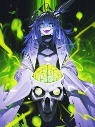 Rule 34 | 1girl, 666, black background, black shirt, blue eyes, clothing cutout, coat, colored tongue, commentary, dr.nova(e), english commentary, exposed brain, eyeball, glowing, hair between eyes, highres, holding, holding skull, kamameshi gougoumaru, lab coat, long hair, long sleeves, looking down, messy hair, object through head, open clothes, open coat, pale skin, purple hair, purple tongue, screw in head, shirt, skull, sleeves past fingers, sleeves past wrists, smile, solo, tongue, tongue out, turtleneck, turtleneck shirt, v4mirai, virtual youtuber, white coat, wide sleeves