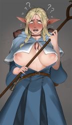Rule 34 | 1girl, ?, ??, backpack, bag, belt, blue dress, blush, braid, breasts, brown belt, brown choker, choker, collarbone, commentary, dress, dungeon meshi, ear blush, elf, embarrassed, english commentary, green eyes, grey background, hair ornament, hair strand, highres, holding, holding staff, hood, hood down, long hair, looking at viewer, marcille donato, nipples, open mouth, parted bangs, pointy ears, simple background, skrats, solo, staff, standing, tearing up, twin braids