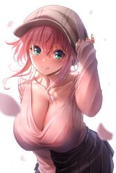 Rule 34 | 1girl, absurdres, beret, bra visible through clothes, breasts, cleavage, collarbone, green eyes, grin, hair between eyes, hand on own thigh, hat, highres, holding, holding clothes, holding hat, kay yu, large breasts, leaning forward, long sleeves, looking at viewer, miniskirt, original, petals, pink-haired girl (kay yu), pink hair, pink shirt, pleated skirt, scoop neck, shirt, shirt tucked in, sidelocks, simple background, skirt, smile, solo, white background