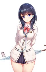 Rule 34 | 10s, 1girl, 2018, absurdres, arms behind back, artist name, black hair, black skirt, blouse, blue eyes, bow, bowtie, cardigan, catxuan, closed mouth, collared shirt, cowboy shot, dated, earphones, gridman universe, head tilt, highres, holding, holding umbrella, long sleeves, looking at viewer, red bow, red bowtie, shirt, short hair, simple background, skirt, smile, solo, ssss.gridman, takarada rikka, transparent background, umbrella, white background, white cardigan, white shirt, wide hips
