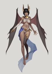 Rule 34 | 1girl, absurdres, animal ears, ankh, arms at sides, asymmetrical clothes, bad id, bad twitter id, bandages, black hair, bridal legwear, commentary, dark-skinned female, dark skin, demon girl, demon wings, earrings, egyptian, egyptian clothes, elbow gloves, english commentary, eye of horus, full body, gloves, grey background, highres, jackal ears, jason kim, jewelry, korean commentary, looking at viewer, mixed-language commentary, navel, notched ear, original, short hair, single glove, single thighhigh, solo, thighhighs, usekh collar, wings, yellow eyes
